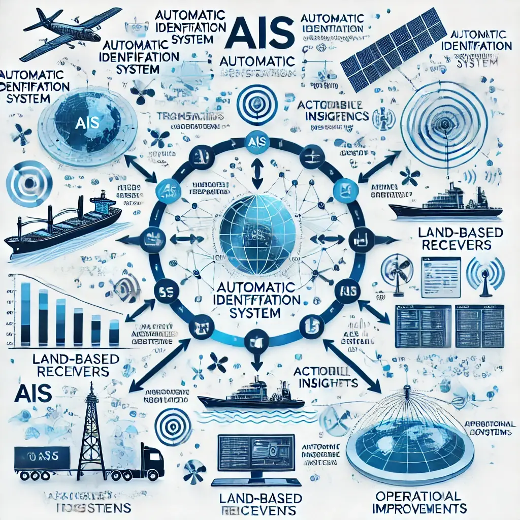 DALL·E 2024-10-22 10.15.34 - An infographic showing the flow of AIS (Automatic Identification System) data from transponders to actionable insights for safety, compliance, and ope