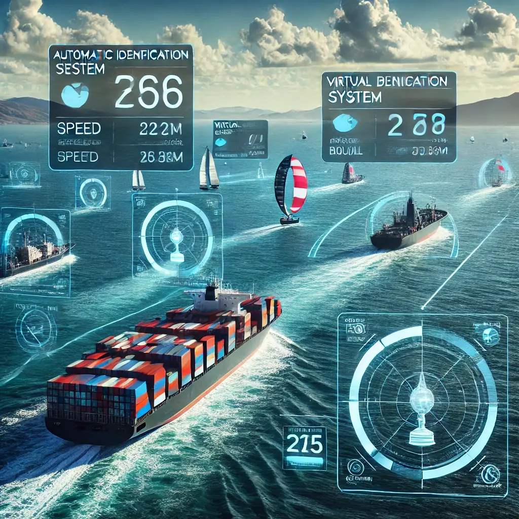 DALL·E 2024-10-29 09.49.45 - A detailed, photo-realistic image of AIS (Automatic Identification System) vessel tracking and virtual boundaries in an open sea setting, with commerc